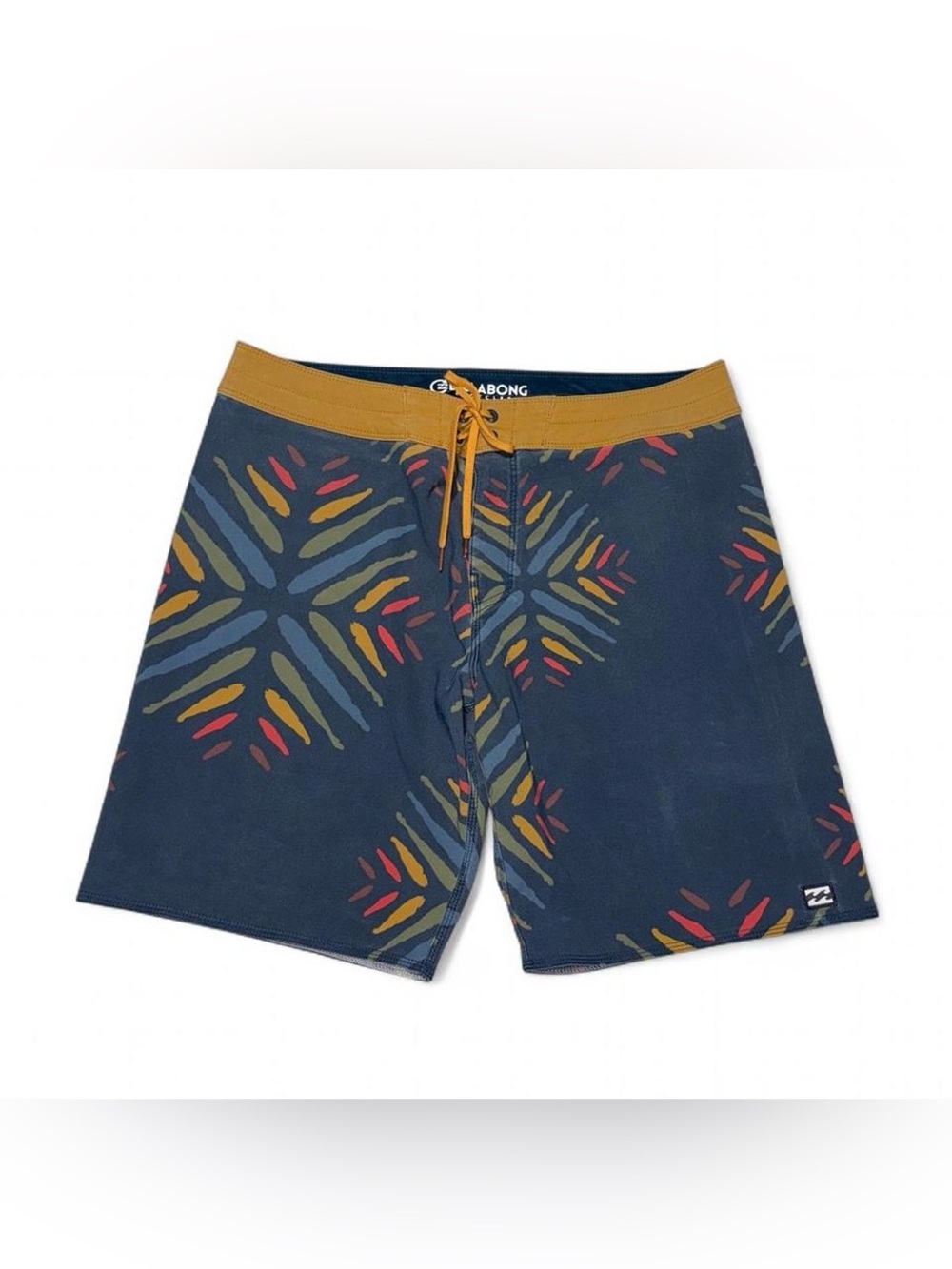 Billabong Navy Swim Shorts with Mustard Waist and Multicolor Print